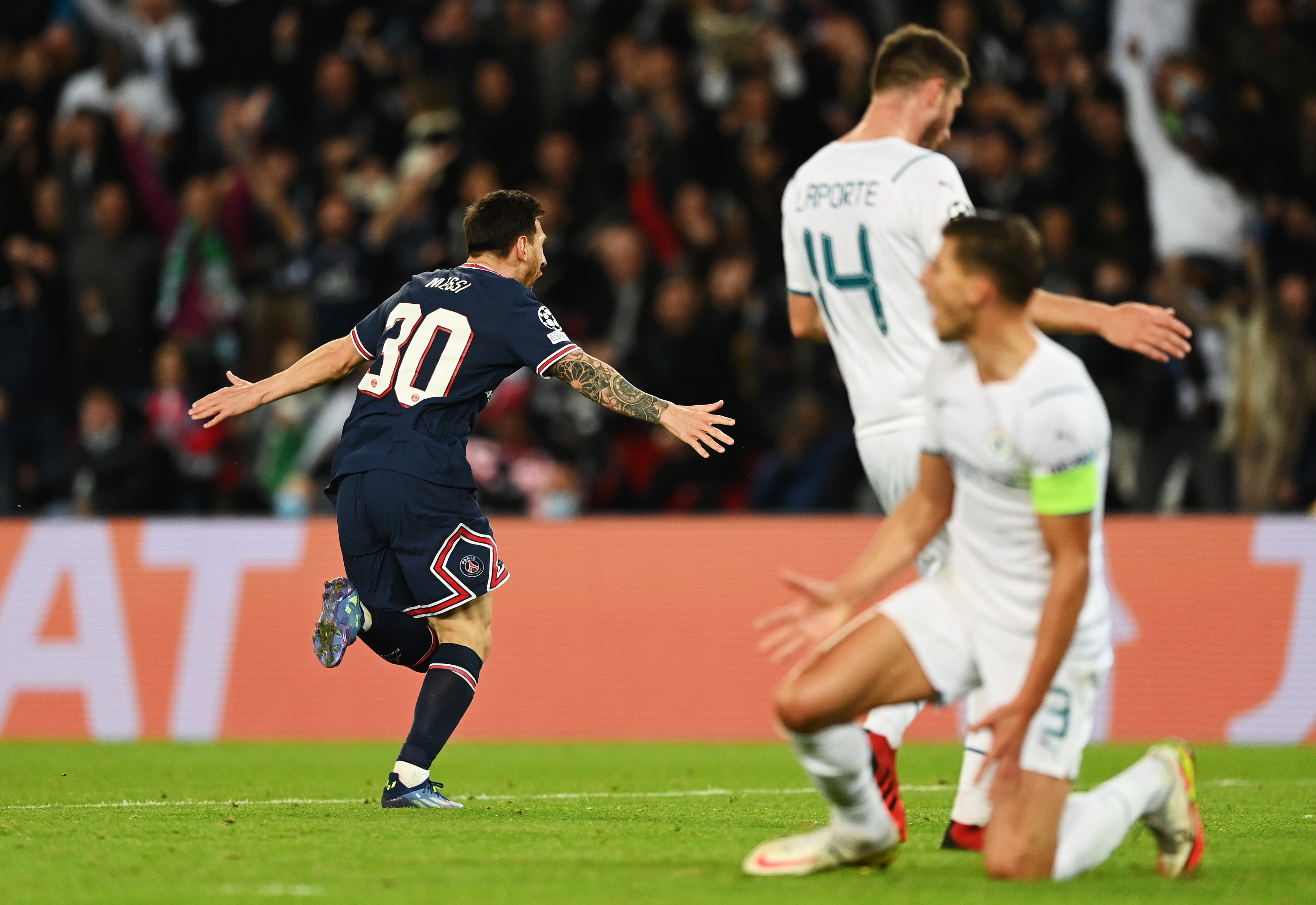 <p>Lionel Messi celebrates after scoring PSG’s second goal</p>