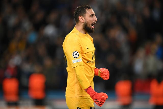 <p>Donnarumma celebrated after PSG’s 2-0 win over Manchester City</p>