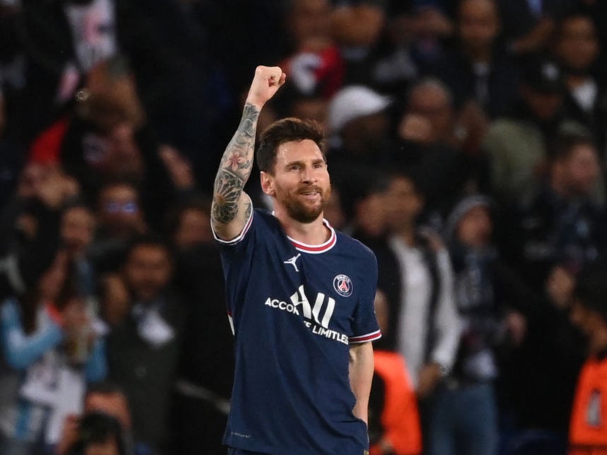 Lionel Messi celebrates scoring PSG’s second goal against Manchester City