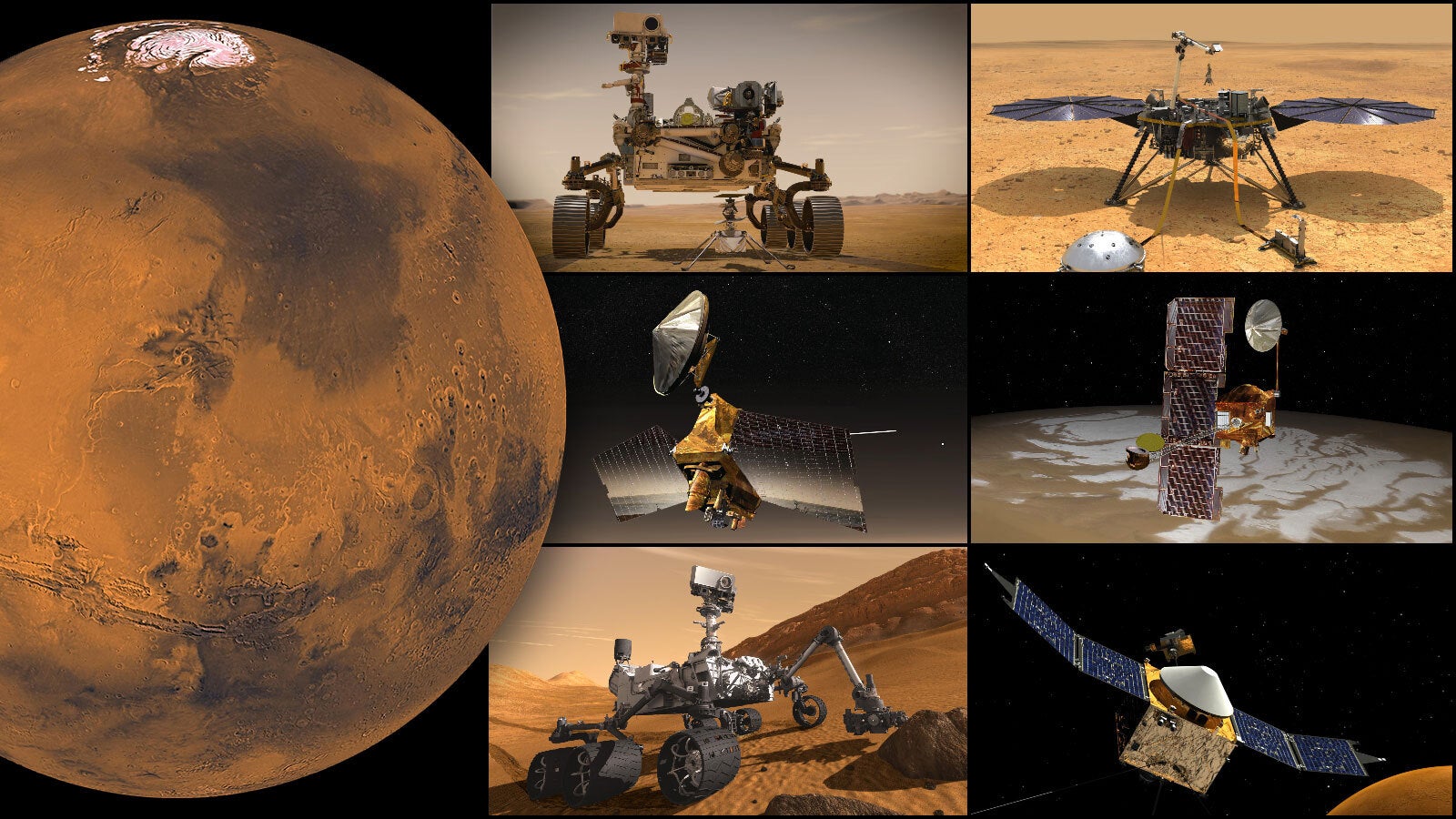 Illustrations showing Nasa’s Mars missions, clockwise from top left: Perseverance rover and Ingenuity Mars Helicopter (in first top-left image), InSight lander, Odyssey orbiter, MAVEN orbiter, Curiosity rover and Mars Reconnaissance Orbiter