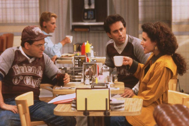 <p>Shooting the breeze: George (Jason Alexander), Jerry (Jerry Seinfeld) and Elaine (Julia Louis-Dreyfus) in one of the show’s many deli-set scenes</p>