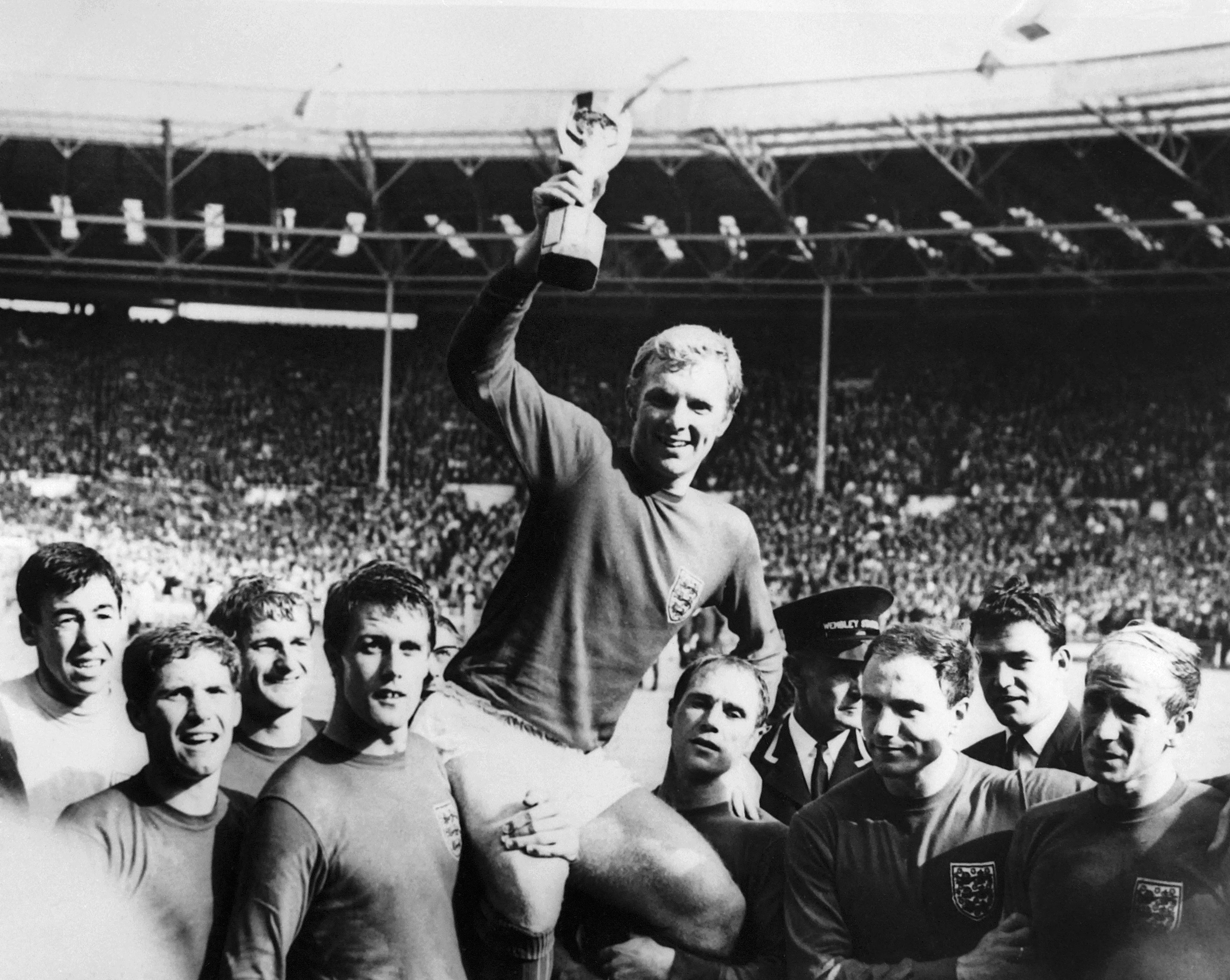 Hunt, third from left, celebrates with his World Cup-winning teammates at Wembley in 1966