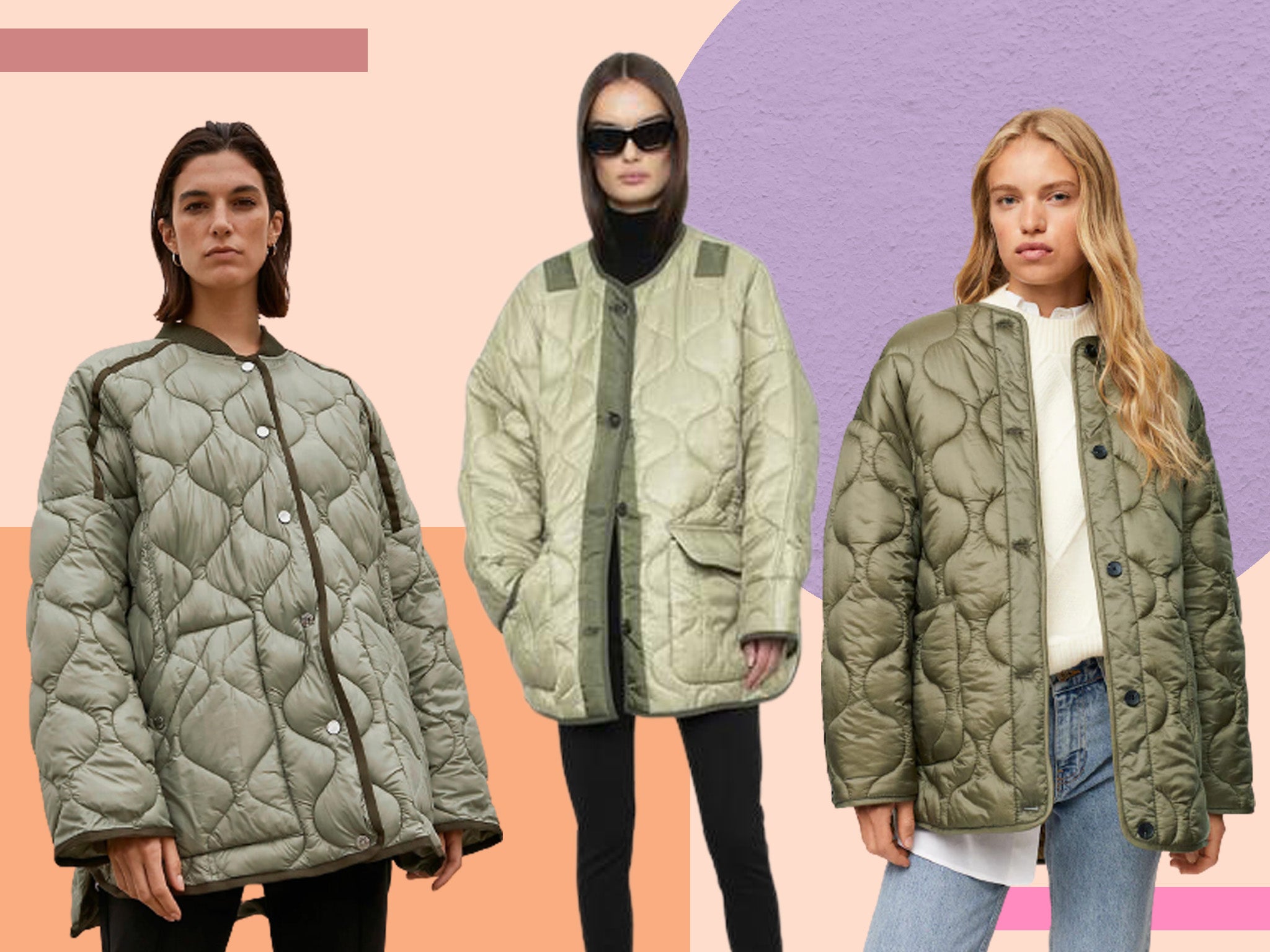 New Look Quilted Collarless Jacket in Light khaki-Green