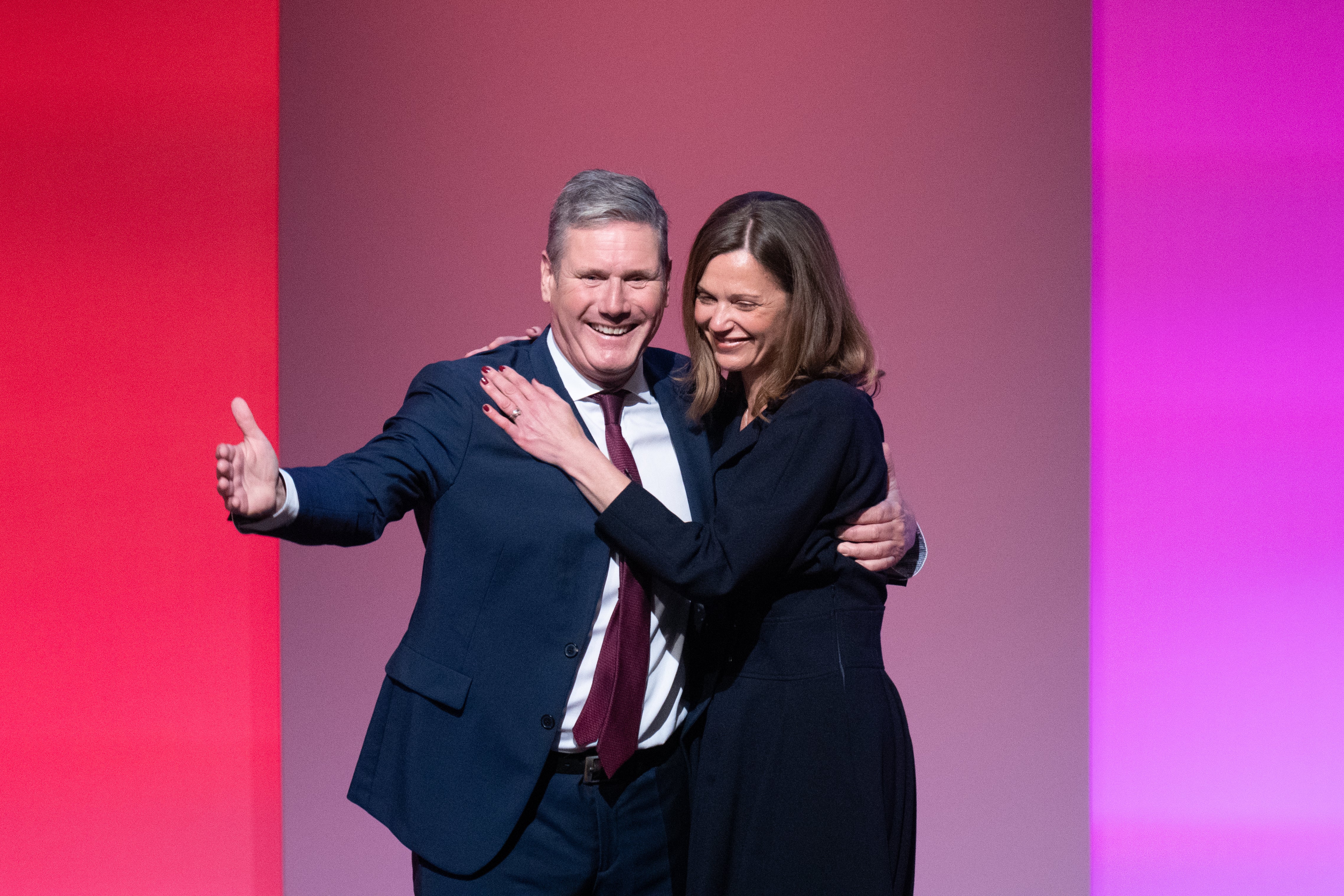 Labour leader Sir Keir Starmer is joined by his wife Victoria on stage after delivering his keynote speech to the Labour Party conference in Brighton (Stefan Rousseau/PA)