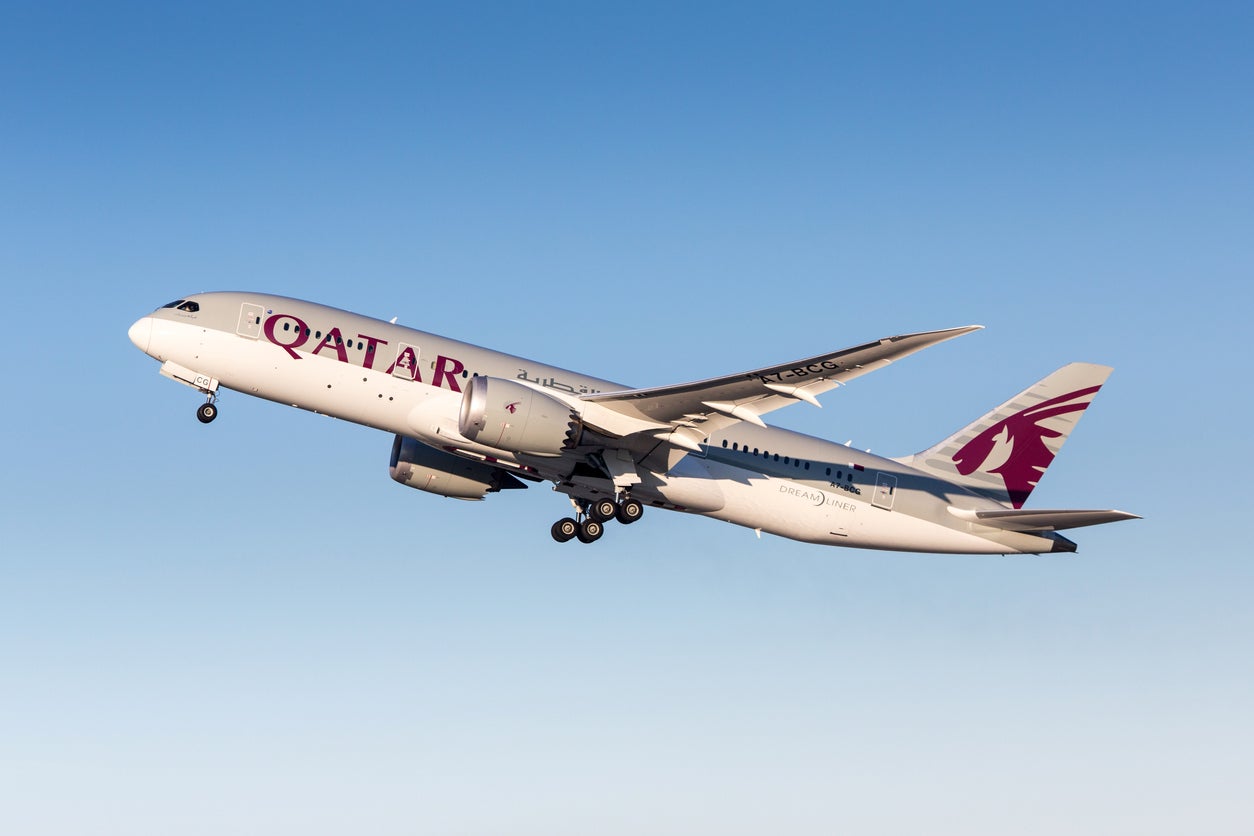 A Qatar Airways dreamliner takes off