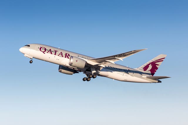 <p>A Qatar Airways dreamliner takes off</p>