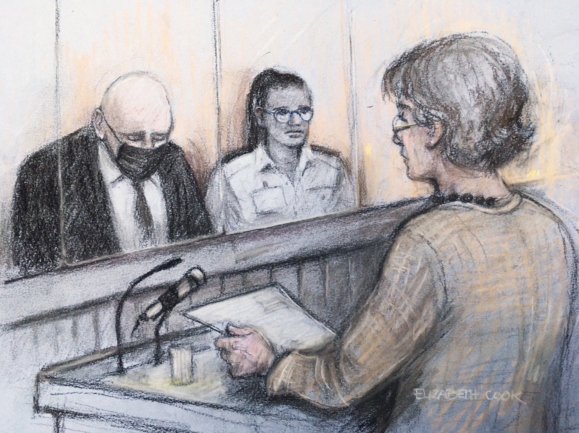 Court artist sketch of Susan Everard reading a victim impact statement as former Metropolitan Police officer Wayne Couzens (left) sits in the dock at the Old Bailey