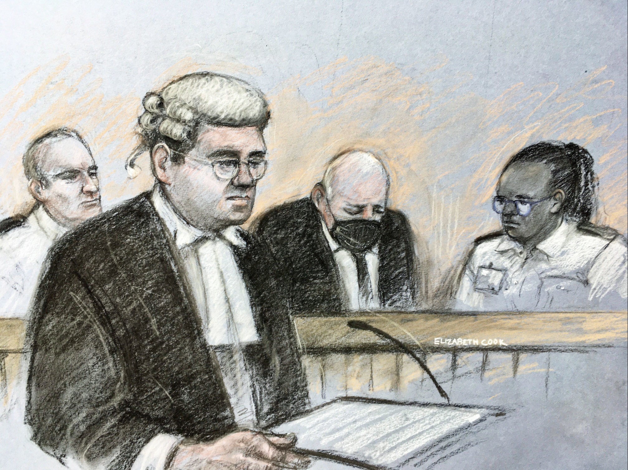 A court artist sketch of former Metropolitan Police officer Wayne Couzens (centre) at the Old Bailey in London