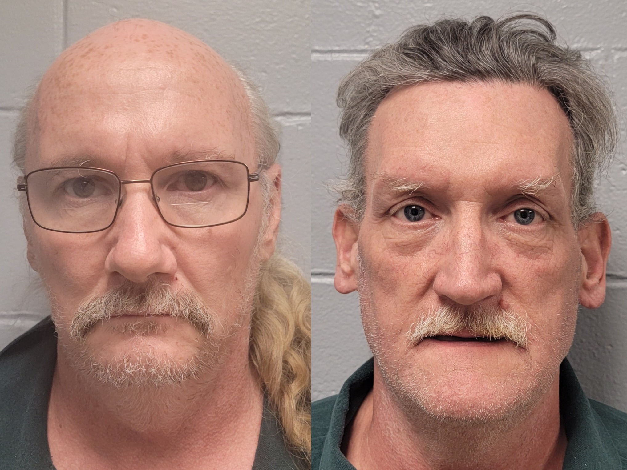 Two police mugshots are juxtaposed side by side. On the left is James Phelps, a white man in his late fifties. On the right is Timothy Norton, a white man in his late fifties.