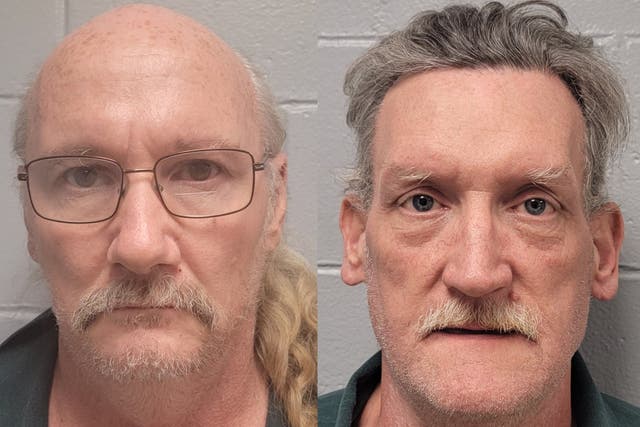 <p>Two police mugshots are juxtaposed side by side. On the left is James Phelps, a white man in his late fifties. On the right is Timothy Norton, a white man in his late fifties.</p>
