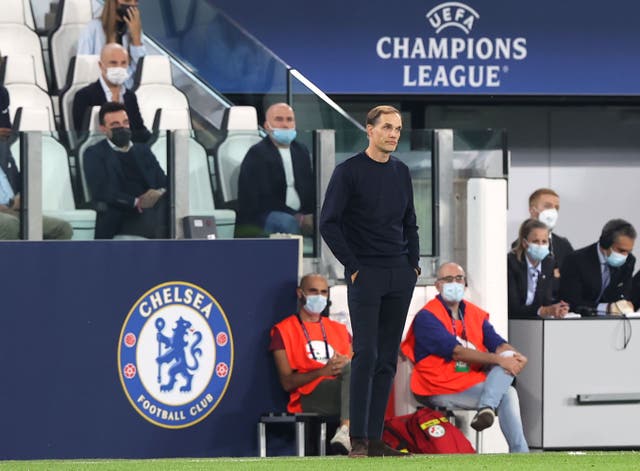 <p>Chelsea manager Thomas Tuchel looks on in Turin</p>