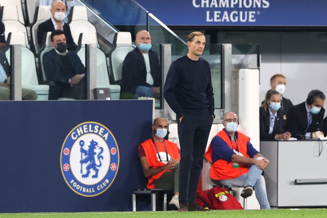 <p>Chelsea manager Thomas Tuchel looks on in Turin</p>