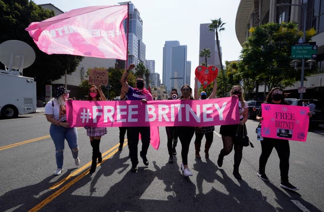 <p>Britney Spears supporters demonstrate outside the Stanley Mosk Courthouse, Wednesday, Sept. 29, 2021, in Los Angeles. </p>