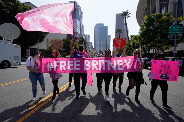 <p>Britney Spears supporters demonstrate outside the Stanley Mosk Courthouse, Wednesday, Sept. 29, 2021, in Los Angeles. </p>