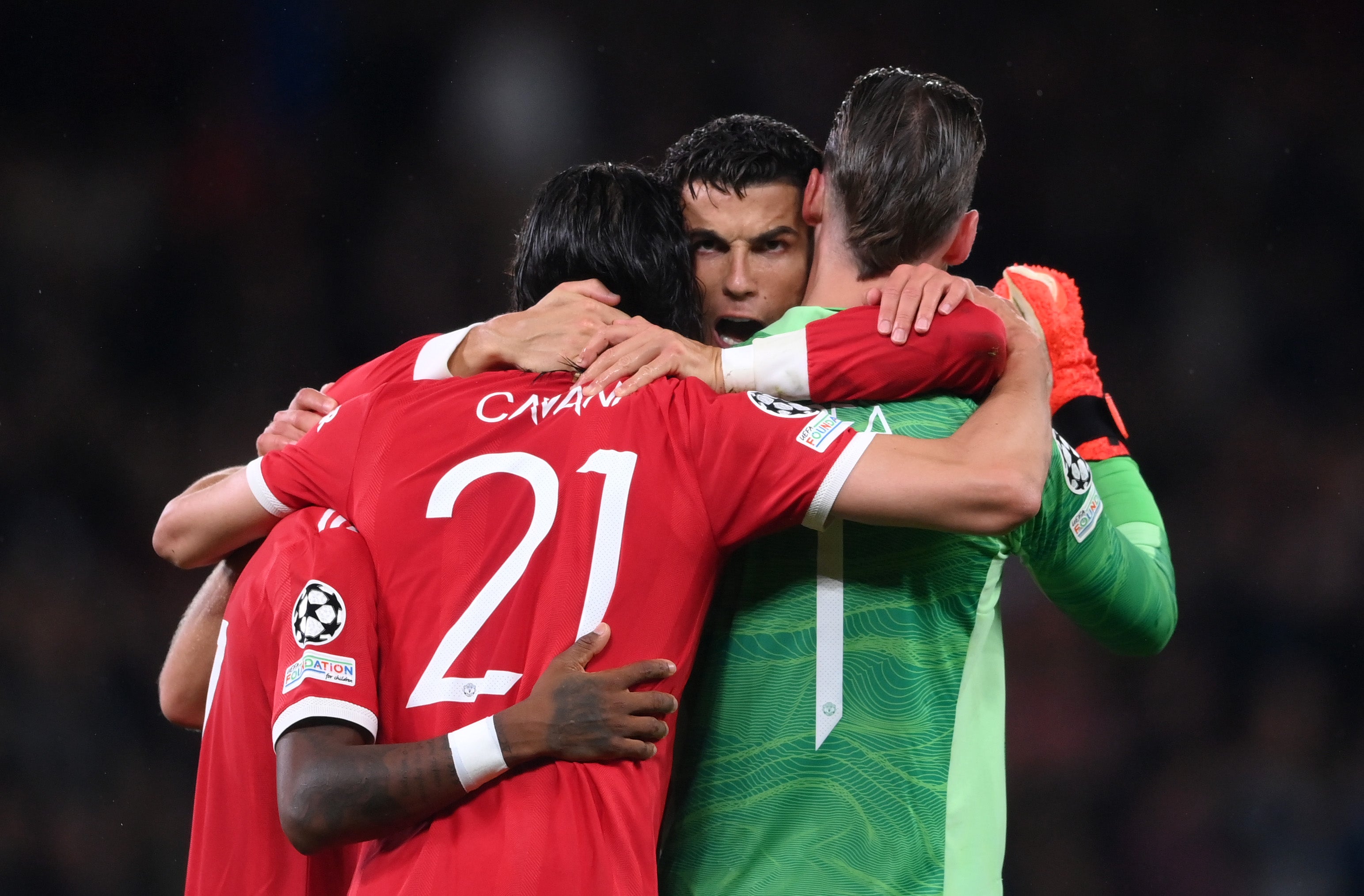 Cristiano Ronaldo shows his appreciation for David de Gea (right), who made several important saves
