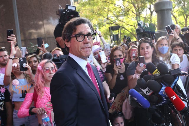 <p>Britney Spears’s attorney Mathew Rosengart speaks to the press and #FreeBritney activists after a hearing on 29 September 2021 in Los Angeles</p>