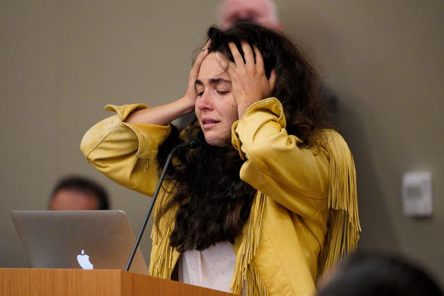 <p>Hannah Kaye paused to recompose herself before giving a victim impact statement during John T Earnest's sentencing hearing in Superior Court, Thursday, 30 September 2021 in San Diego</p>