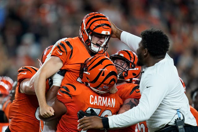 Cincinnati Bengals kicker Evan McPherson reacts after kicking the game-winning field goal (Michael Conroy/AP)