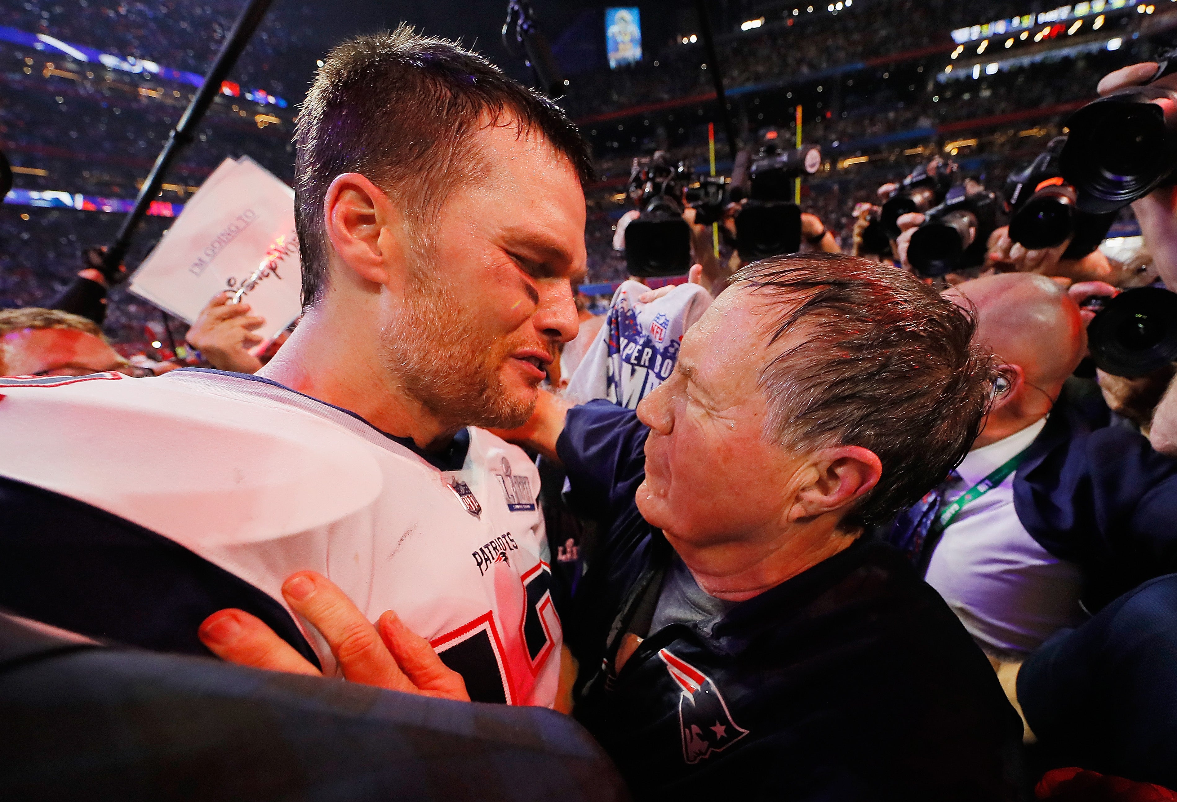 Tom Brady and Bill Belichick after winning their sixth Super Bowl with the Patriots