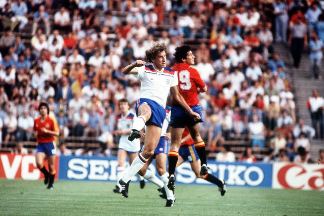 Terry Butcher makes an aerial challenge in England’s 1982 World Cup match against hosts Spain (PA Archive)