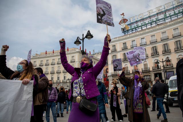 <p>File:  Women rights activists take out protest rally in Madrid</p>