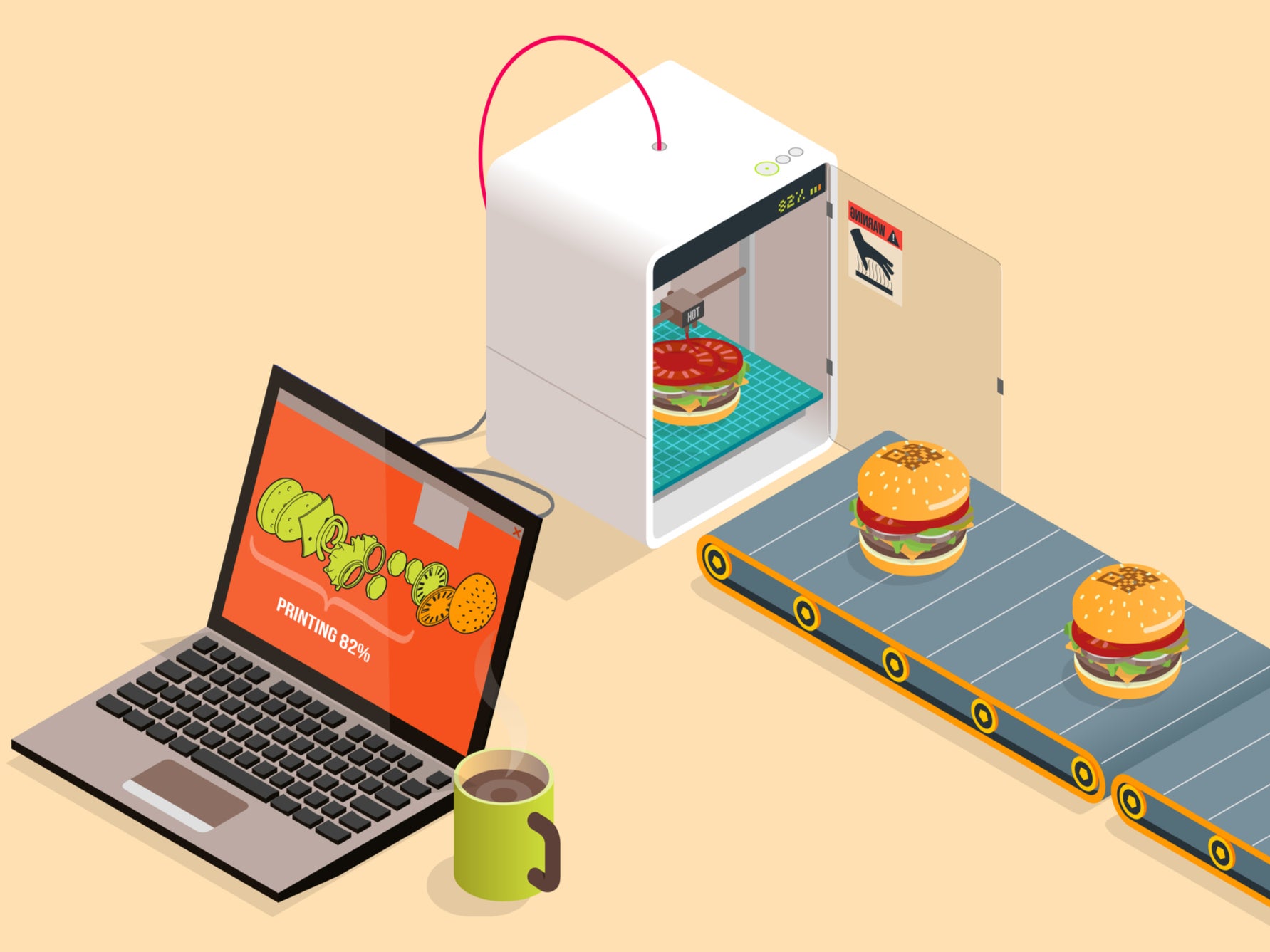 Illustration of food being printed from a machine