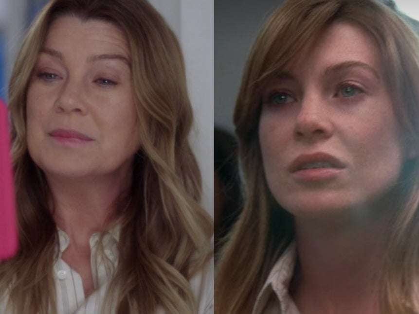 <p>Ellen Pompeo in ‘Grey’s Anatomy’ 18th season (left) and first season (right)</p>