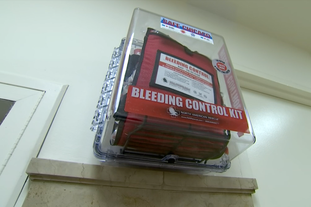 <p>A bleeding control kit installed in a building in Chicago to address the scourge of gun violence plaguing the city.</p>