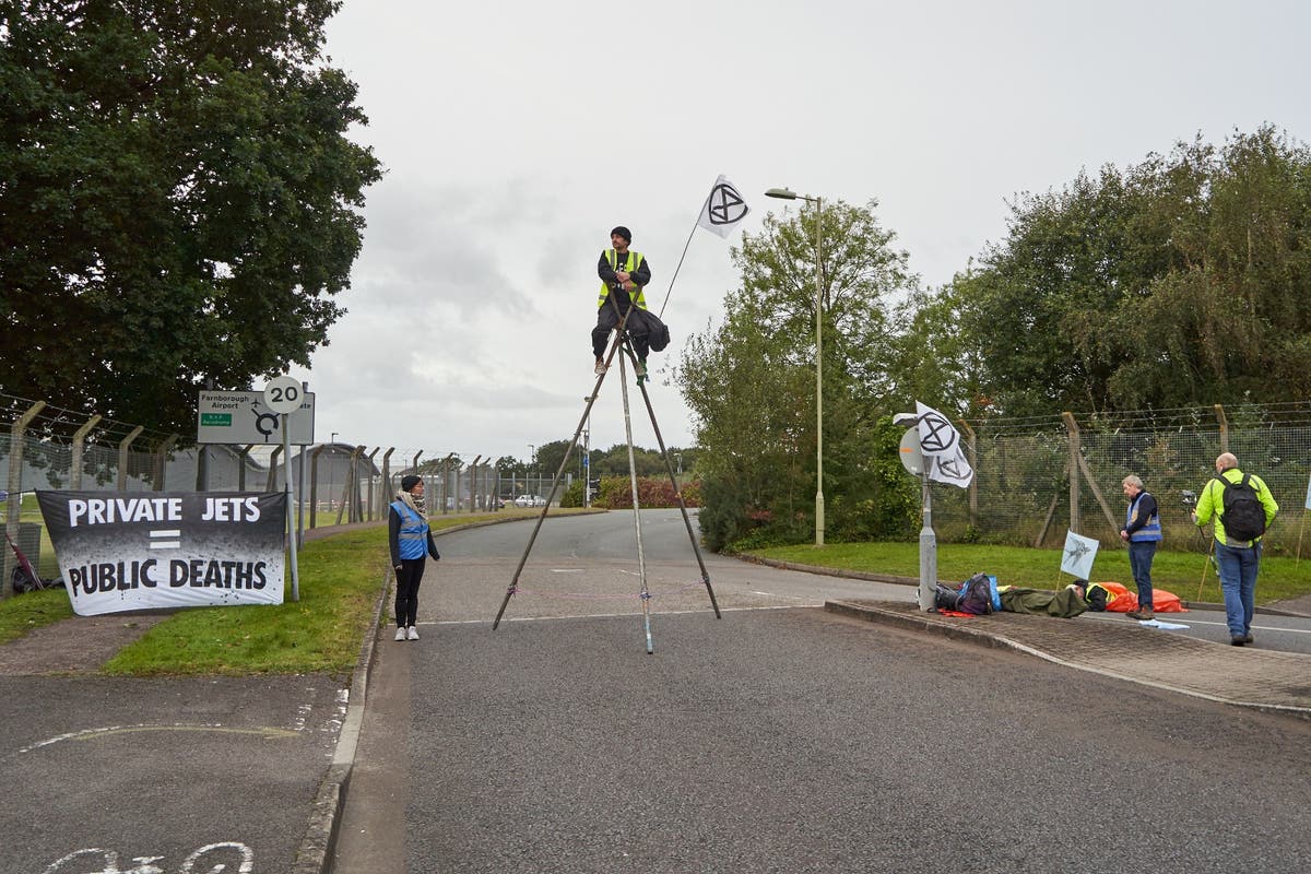 Extinction Rebellion protesters blockade Farnborough airport in climate protest