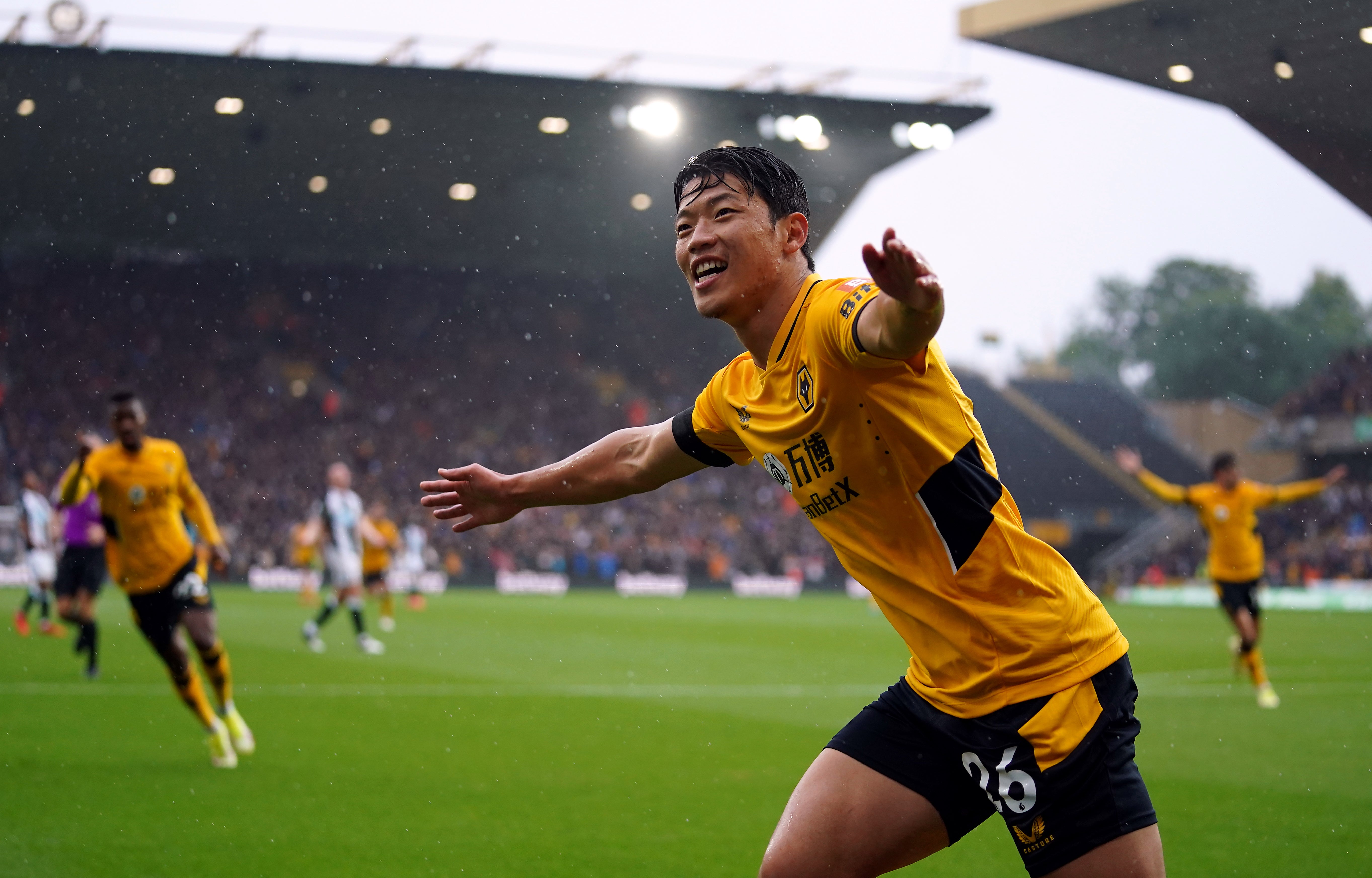 Wolves’ Hwang Hee-chan celebrates his first goal against Newcastle. (Nick Potts/PA)