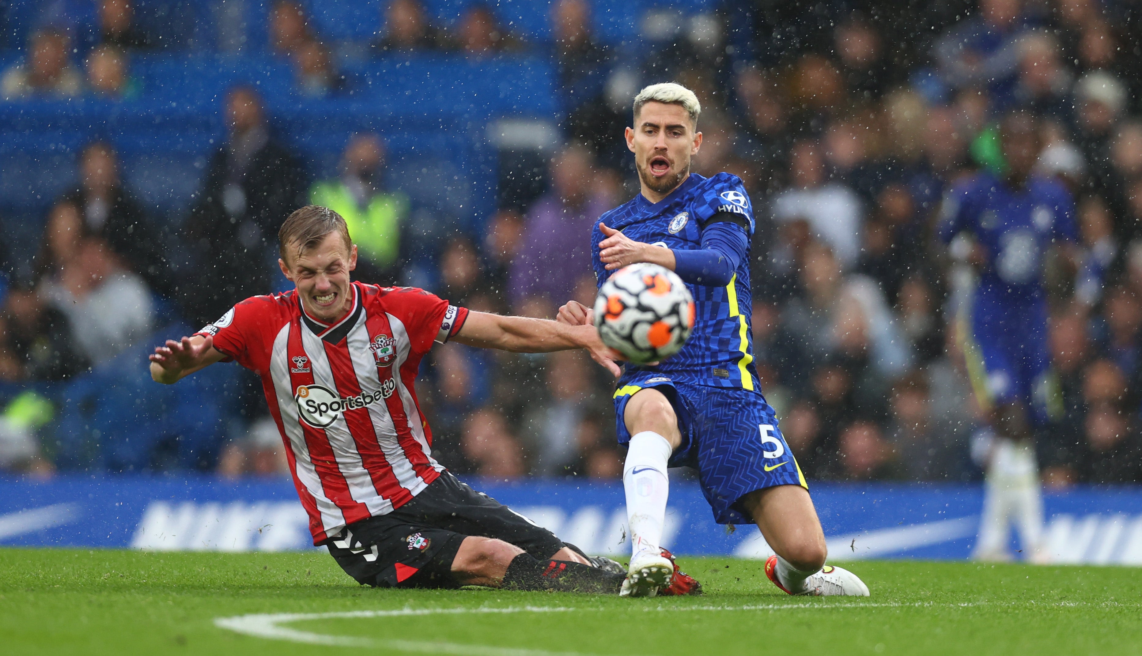 James Ward-Prowse of Southampton fouls Jorginho of Chelsea leading to a red card