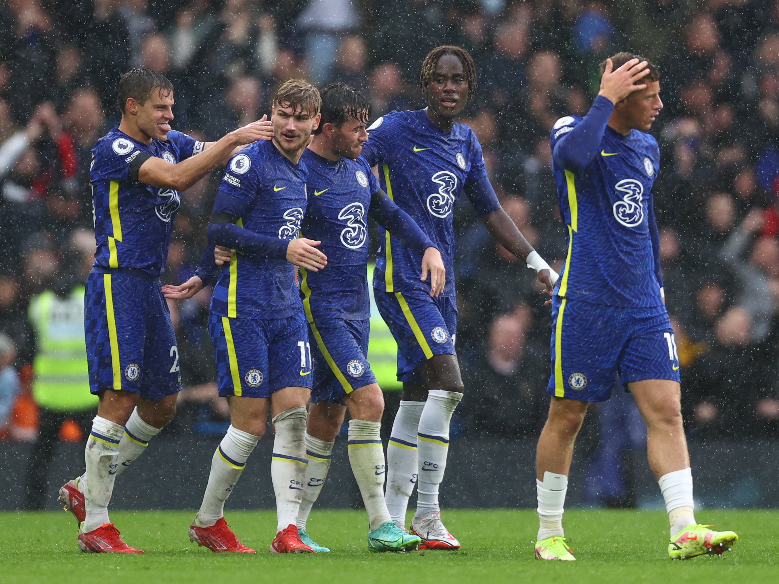Ben Chilwell (centre) celebrates with teammates Cesar Azpilicueta, Timo Werner, Trevoh Chalobah and Ross Barkley