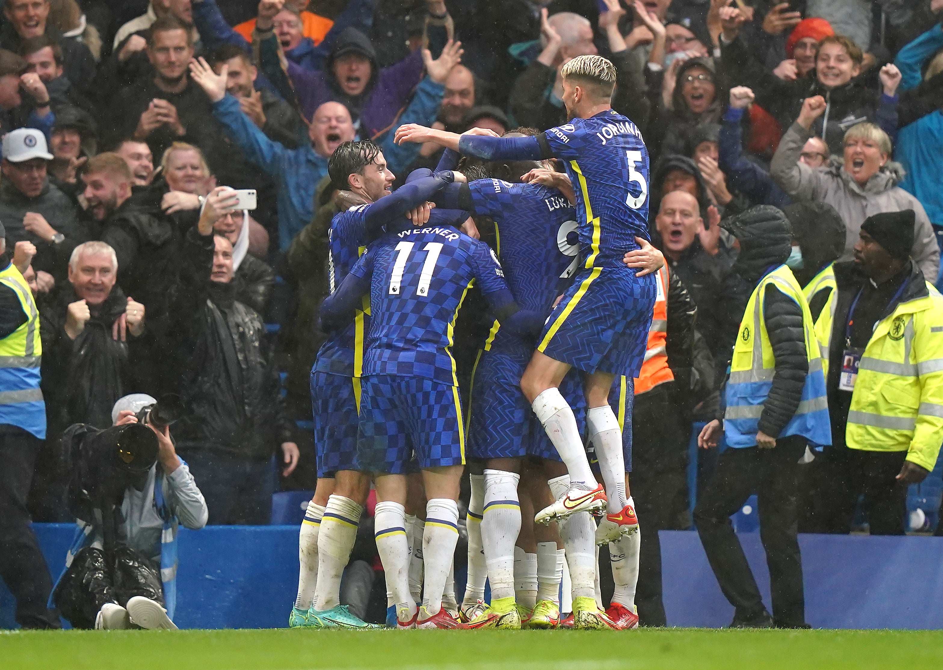 Chelsea’s Timo Werner (centre) celebrates scoring their second goal against Southampton (Tess Derry/PA)