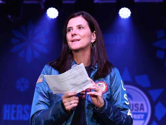 <p>Head of the US Women’s Soccer League, Lisa Baird, speaks onstage during a Team USA event in 2018 </p>