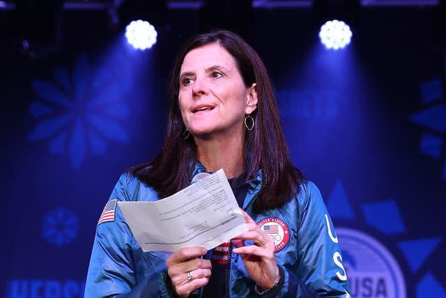 <p>Head of the US Women’s Soccer League, Lisa Baird, speaks onstage during a Team USA event in 2018 </p>