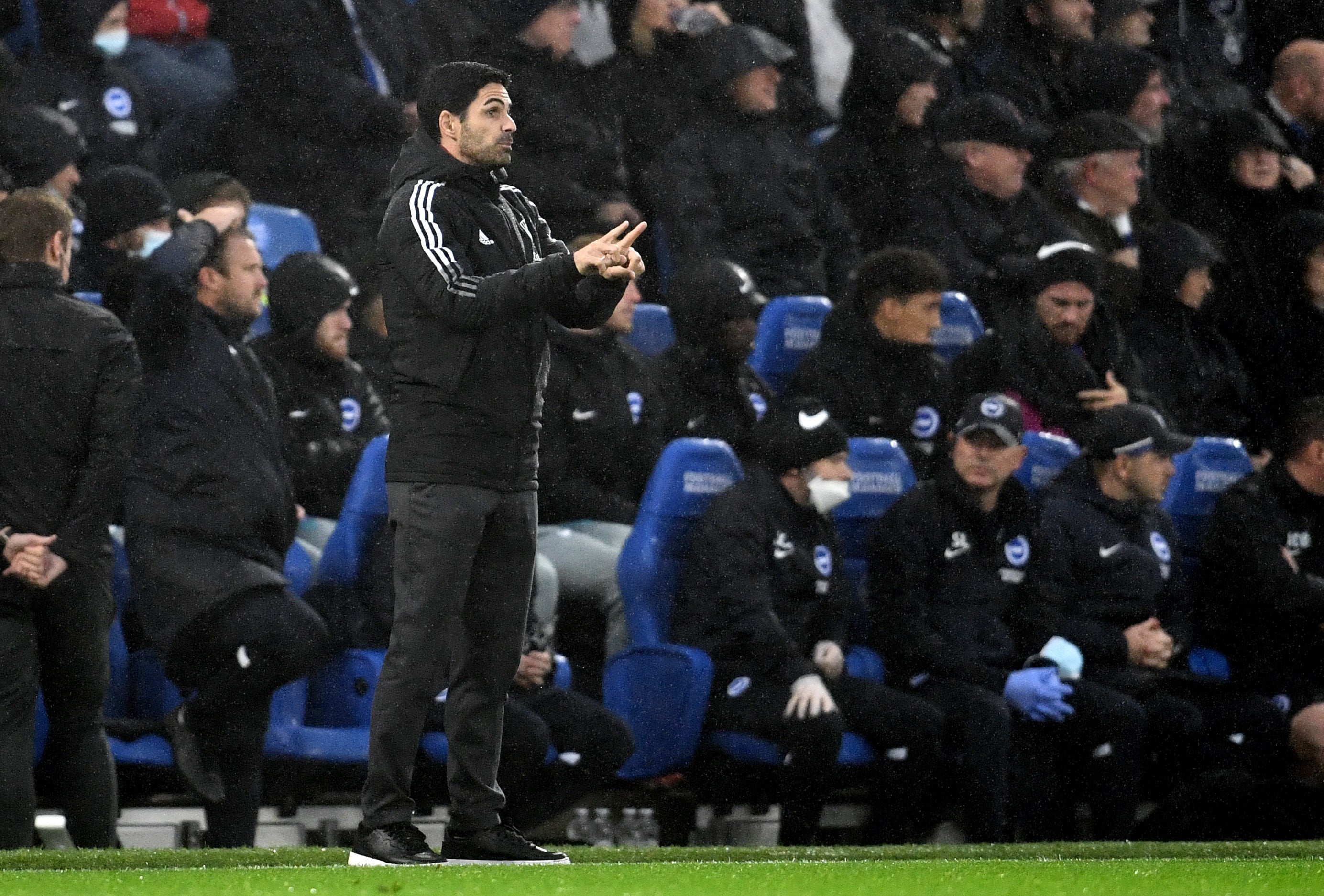 Mikel Arteta gives instructions to his team against Brighton (Ashley Western/PA)