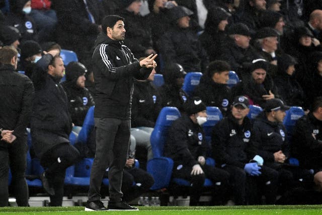 Mikel Arteta gives instructions to his team against Brighton (Ashley Western/PA)