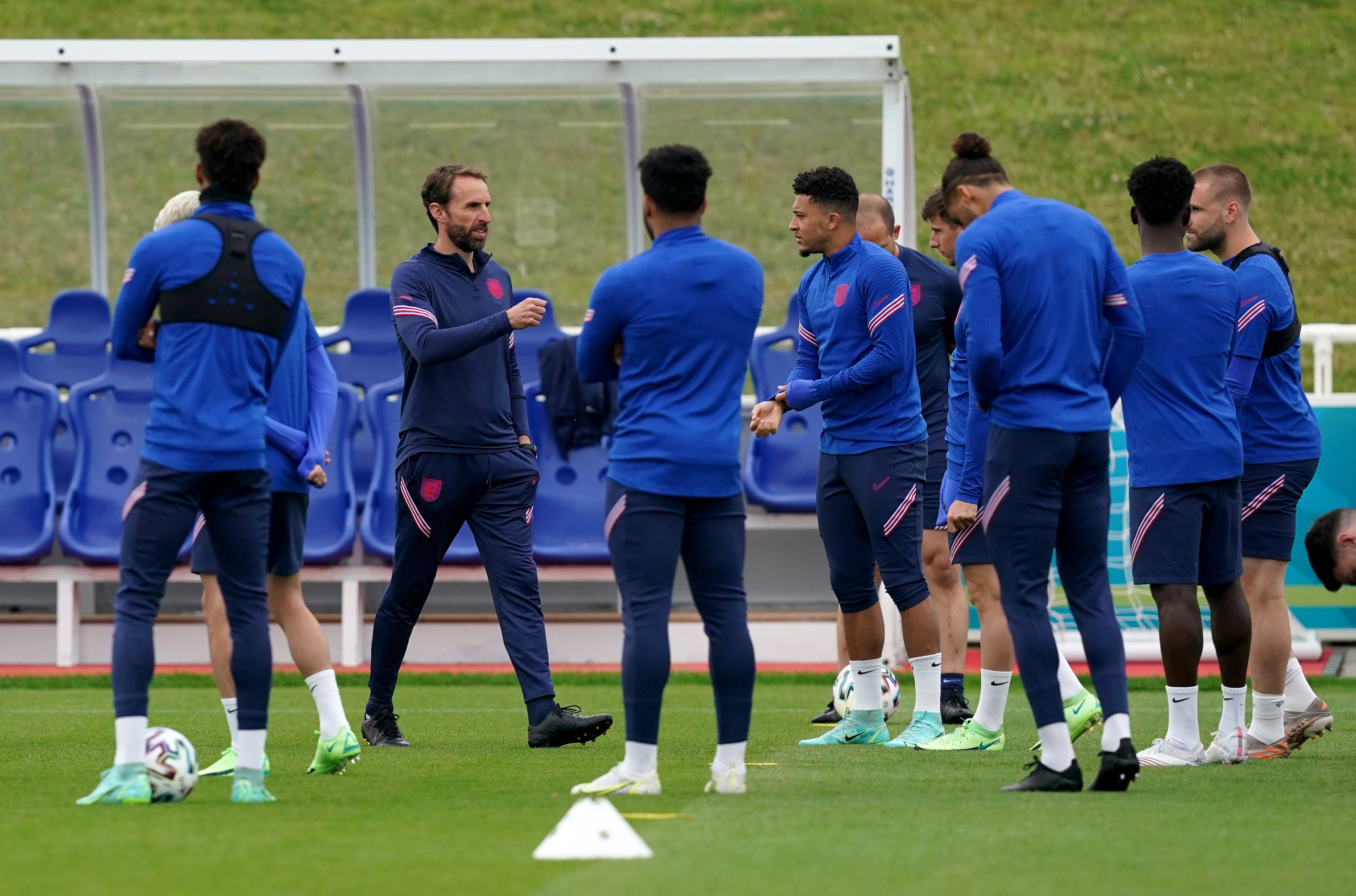 Five of Gareth Southgate’s (second left) England squad are reportedly refusing to be vaccinated against coronavirus (Martin Rickett/PA)