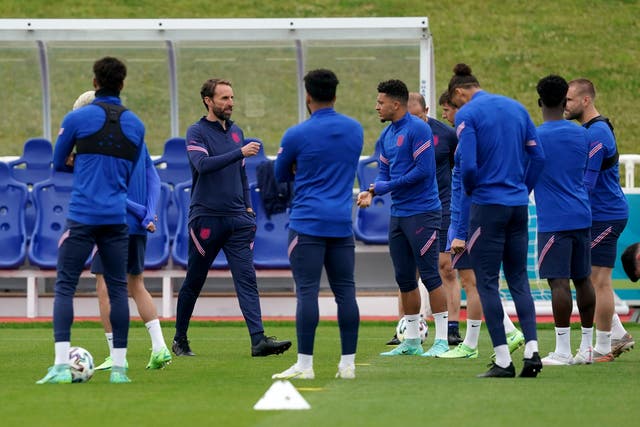 Five of Gareth Southgate’s (second left) England squad are reportedly refusing to be vaccinated against coronavirus (Martin Rickett/PA)