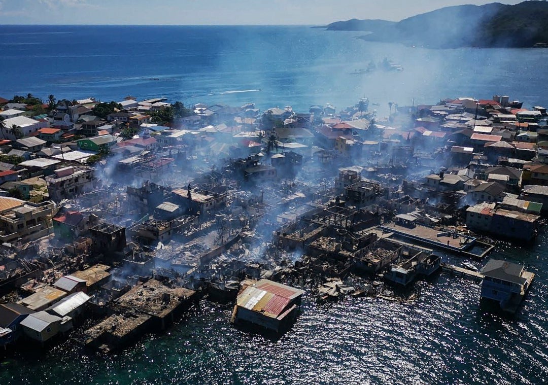 Aerial view of Guanaja island, in the Islas de la Bahia, Honduras, after a major fire