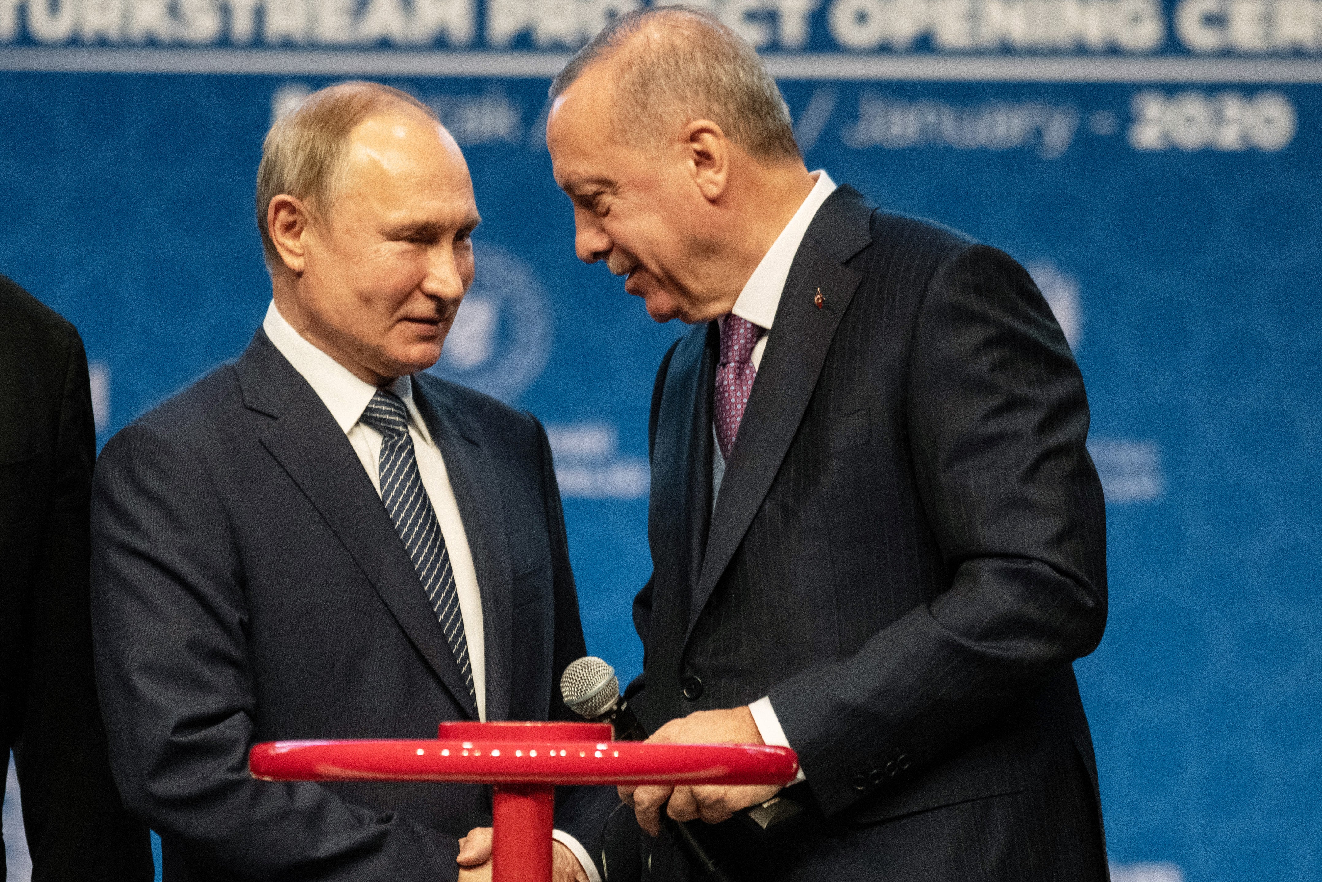 Turkish president Recep Tayyip Erdogan and Russian president Vladimir Putin attend the opening ceremony of the Turkstream Gas Pipeline Project in January 2020