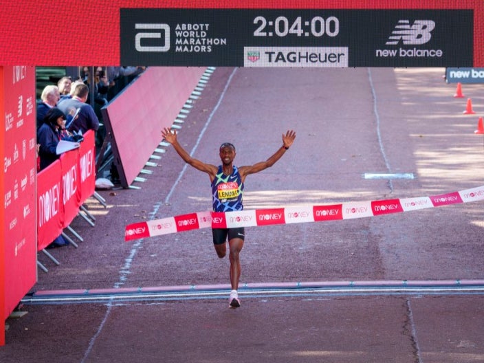 Sisay Lemma from Ethiopia crossing the finish line of the London Marathon
