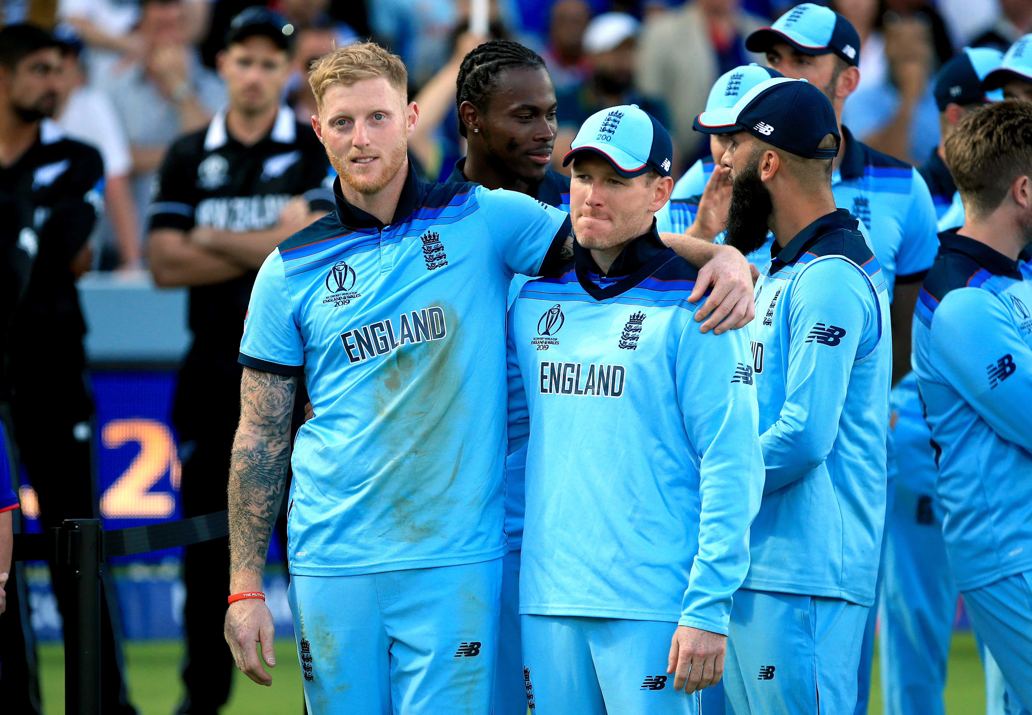 Ben Stokes (left) and Eoin Morgan celebrate their 2019 triumph at Lord’s