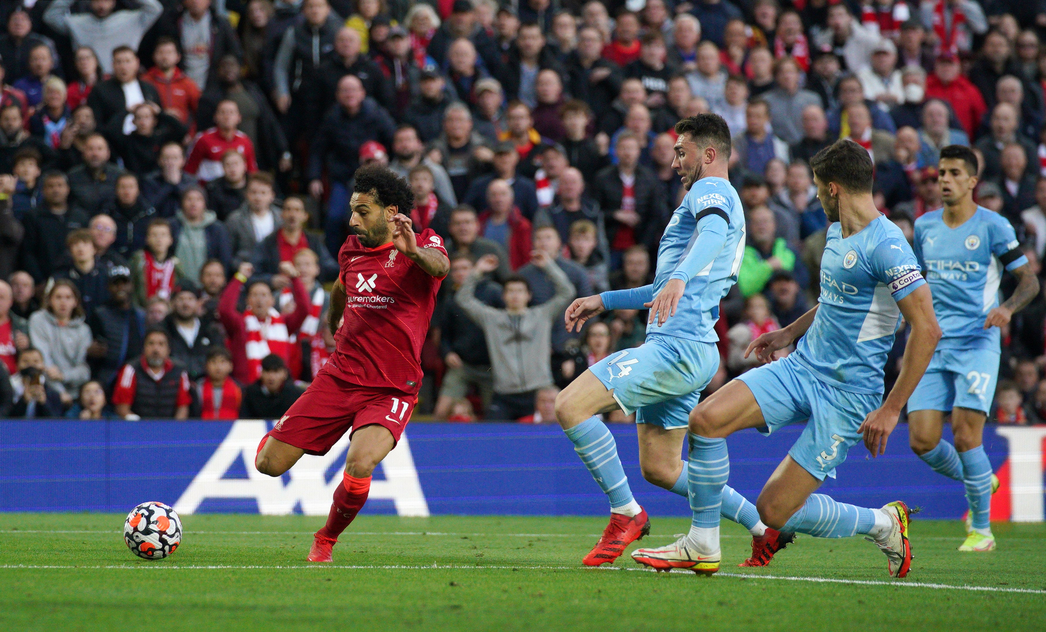 Liverpool’s Mohamed Salah scores their side’s second goal of the game during the Premier League match at Anfield, Liverpool. Picture date: Sunday October 3, 2021.