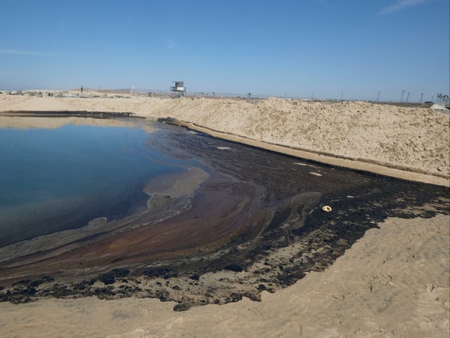 <p>Oil is shown washed up in Huntington Beach, Calif., Sunday, Oct. 3, 2021</p>