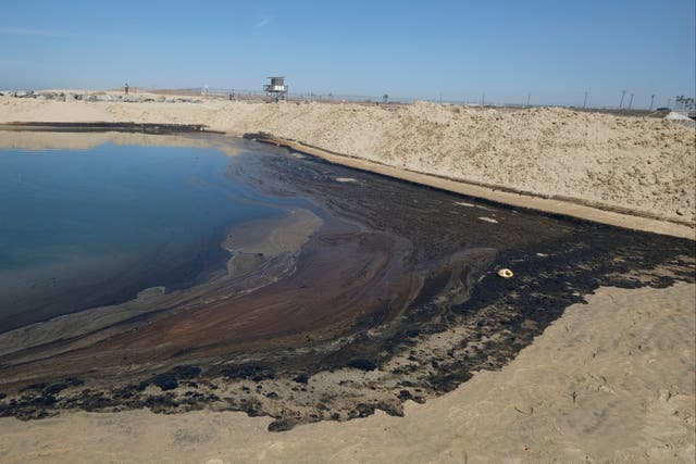 <p>Oil is shown washed up in Huntington Beach, Calif., Sunday, Oct. 3, 2021</p>