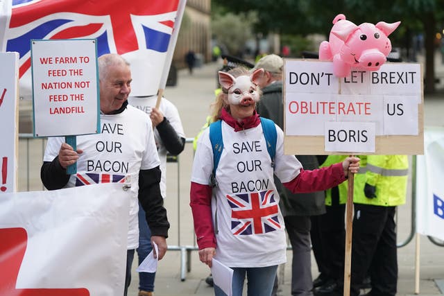 Pig farmers protesting outside the Conservative Party Conference in Manchester (Stefan Rousseau/PA)