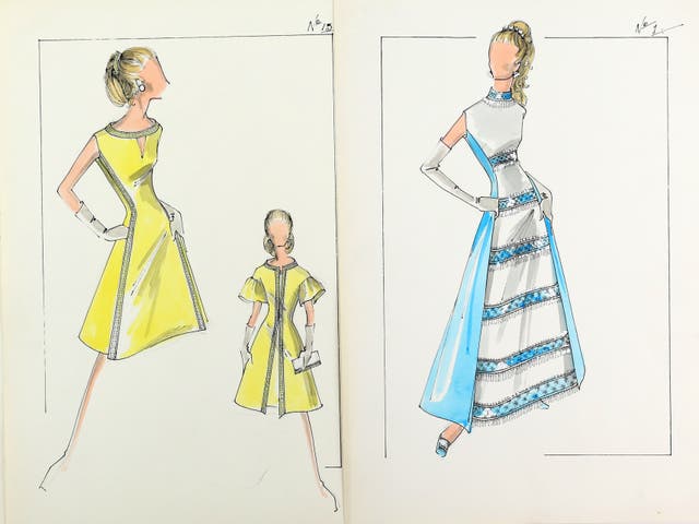 <p>Sir Norman Hartnell’s sketches of dresses for Princess Anne</p>
