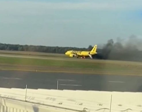A Spirit Airline plane caught fire on the runway after a bird entered one of its engines