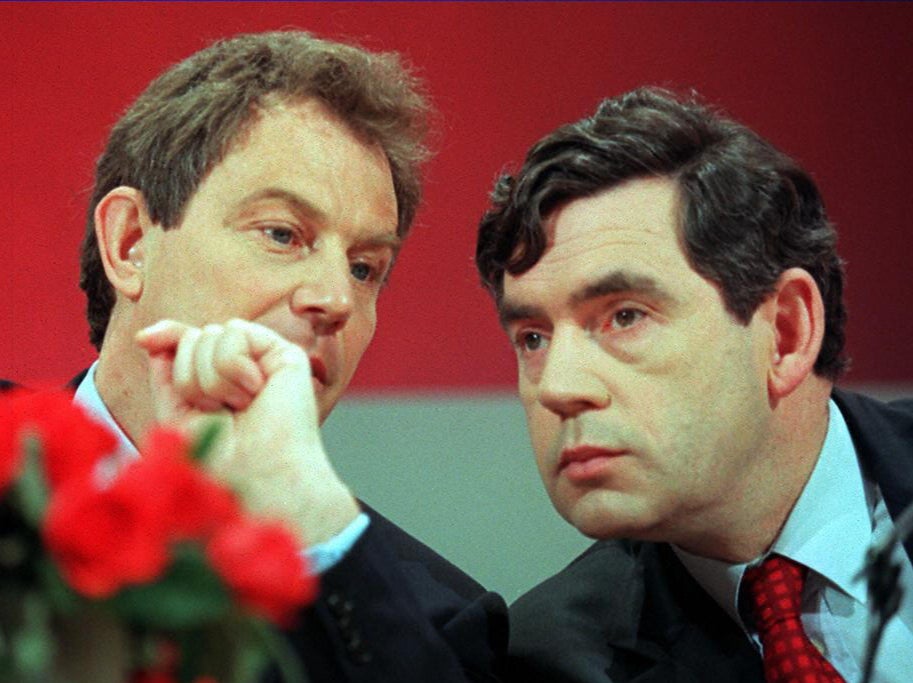 Tony Blair and Gordon Brown conferring at a press conference on 10 April, 1997